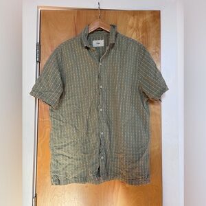 FOLK Camp Button Up Down Short Sleeve Shirt Green Linen Pattern Tribal Geometric